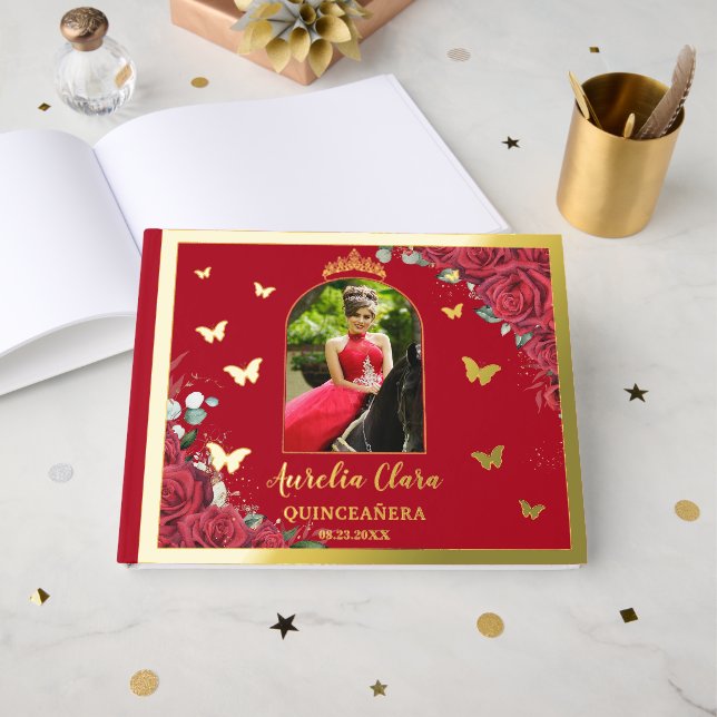 Red Roses Floral Gold Quinceañera Quince 15 Photo Guest Book (Front Open)