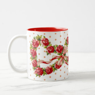Red Roses Floral Heart Wreath Elegant Cute Vintage Two-Tone Coffee Mug