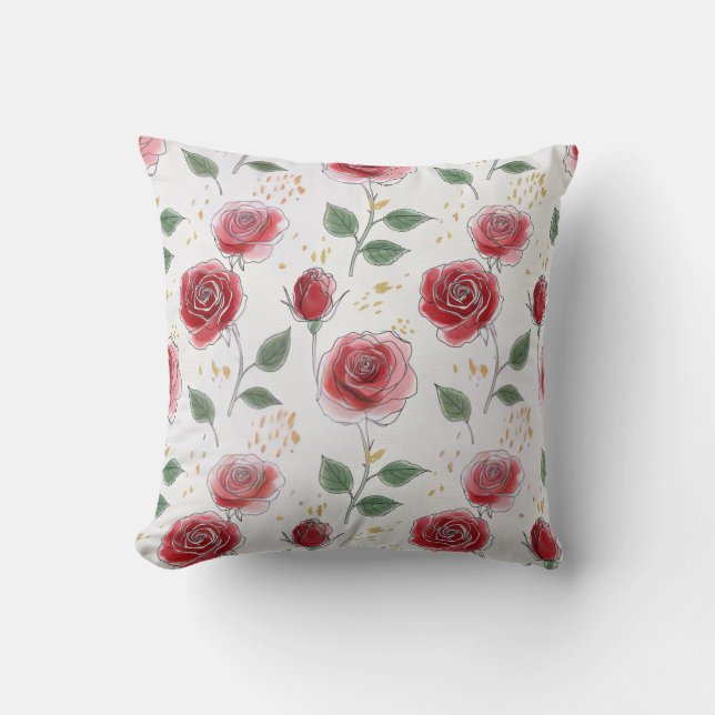 Red Roses Floral Line Art Pattern Cushion (Front)