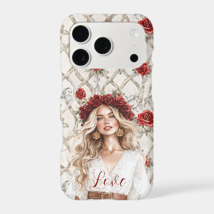 Red Roses Floral Love Blonde Girl Wreath