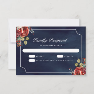 Red Roses Floral Navy Blue Wedding RSVP Card