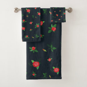 Red Roses Floral Pattern Black Elegant Bath Towel