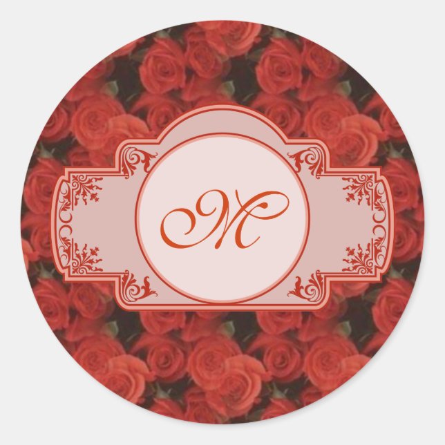 Red roses floral pattern customisable with initial classic round sticker (Front)