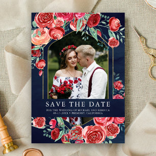 Red Roses Floral Photo Navy Blue Wedding Save The Date