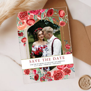 Red Roses Floral Photo Wedding Save the Date Acrylic Invitations