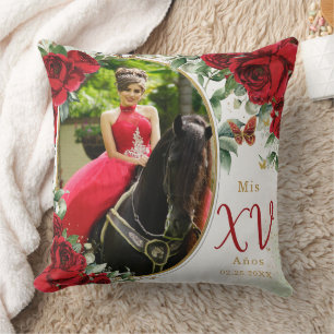 Red Roses Floral Photograph Quinceañera Keepsake Cushion