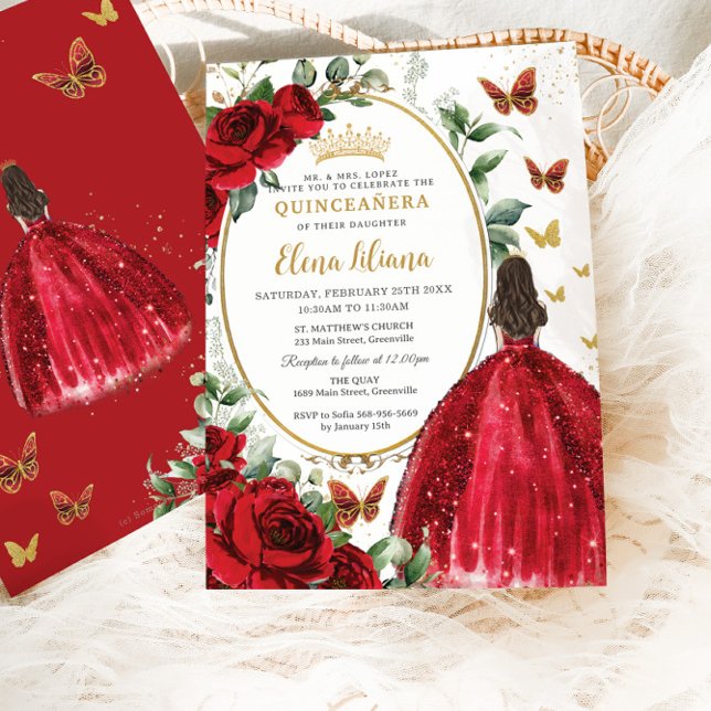 Red Roses Floral Princess Dress Gold Quinceañera Invitation (Creator Uploaded)