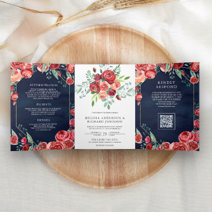 Red Roses Floral QR Code Navy Blue Wedding Tri-Fold Invitation