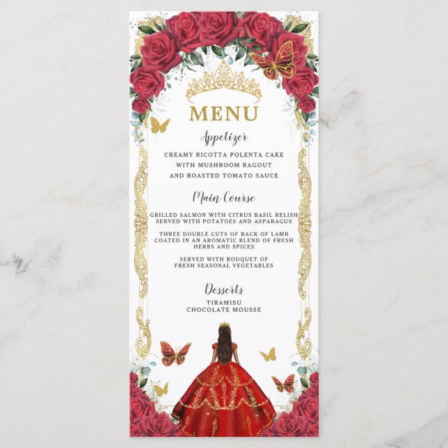 Red Roses Floral Quinceañera Brown Princess Menu (Front)