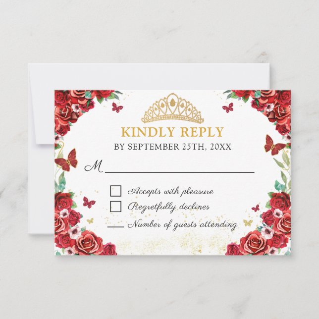 Red Roses Floral Quinceañera Butterflies RSVP Card (Front)