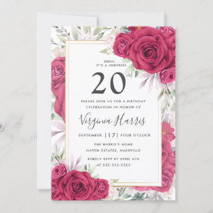 Red Roses Floral Twenty 20th Birthday Invitation