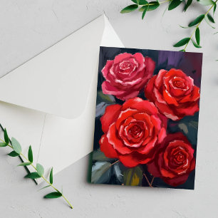 Red Roses Floral Watercolor Painted Flowers Card