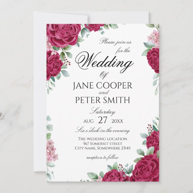 Red roses floral Wedding Invitation (Front)