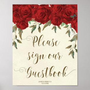 red roses floral wedding party guestbook poster
