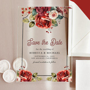 Red Roses Floral Wedding Save the Date Acrylic Invitations