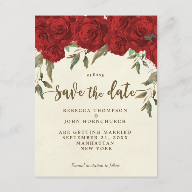 red roses floral wedding save the date postcard (Front)