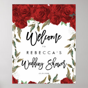 red roses floral wedding shower welcome sign