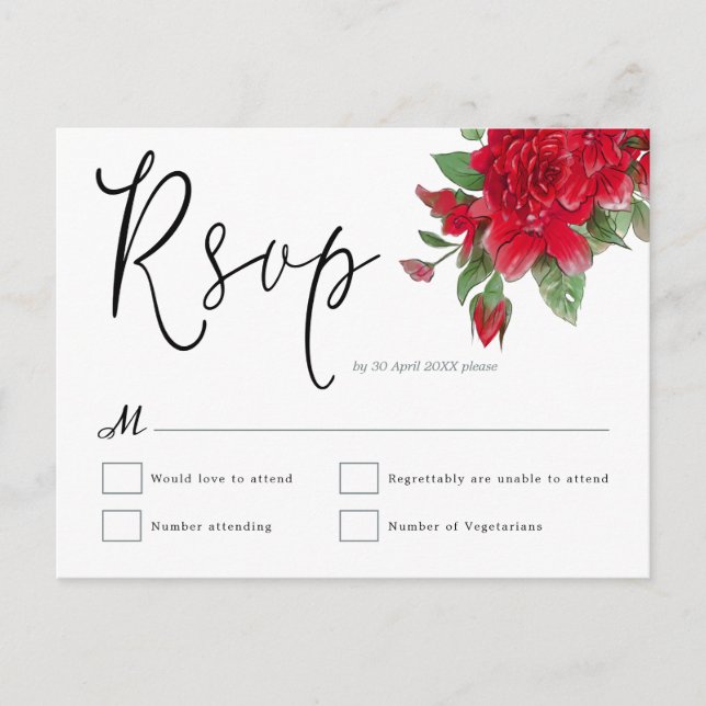 Red Roses Florals Leaf Script Wedding RSVP Postcard (Front)