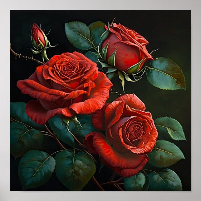 Red Roses Flower Art Print Poster (Front)