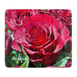 Red roses flower Glass chopping board