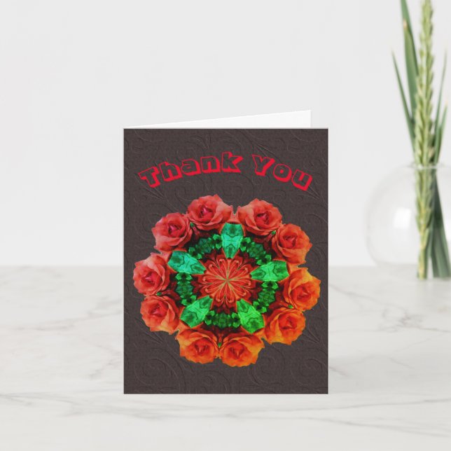Red Roses Flower Kaleidoscope Art Thank You Card (Front)