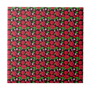 Red Roses Flower Lover Hearts Happy Valentines day Ceramic Tile