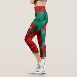 Red Roses Flowers Floral Capri Leggings
