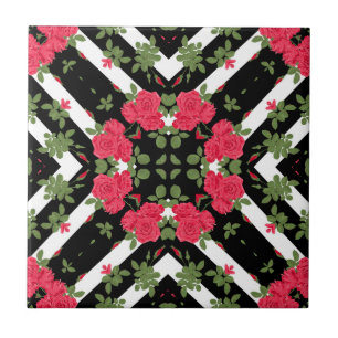 Red roses flowers floral kaleidoscopic black white ceramic tile