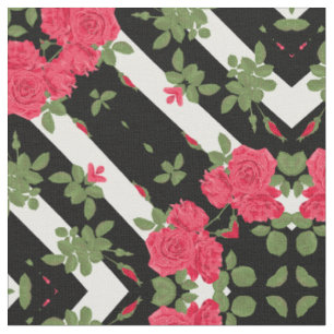 Red roses flowers floral kaleidoscopic black white fabric