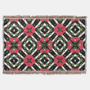 Red roses flowers floral kaleidoscopic black white throw blanket