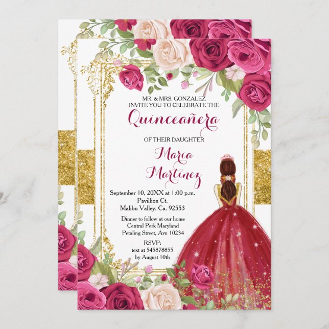 Red Roses Flowers Gold Quinceanera Invitation (Front/Back)