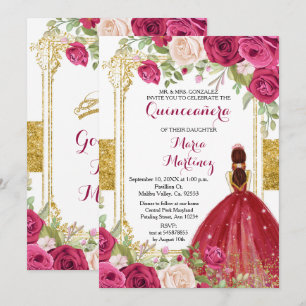 Red Roses Flowers Gold Quinceanera Invitation