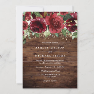 Red Roses Flowers Rustic Country Wedding Invitation