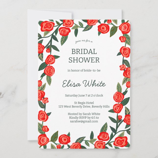 Red Roses Frame Bridal Shower CUSTOM QR Code Invitation (Front)