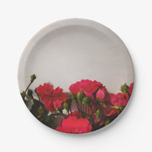 Red roses fresh buds blooming bright flowers flora paper plate