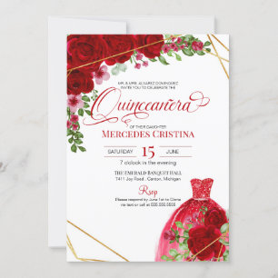 Red Roses & Glitter Dress Glamourous Quinceañera  Invitation