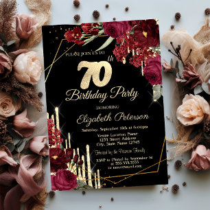 Red Roses Glitter Drips Black 70th Birthday   Invitation