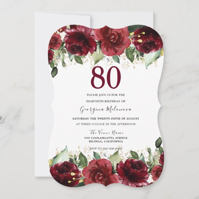 Red Roses Glitter Floral 80th Birthday Party Invitation (Front)
