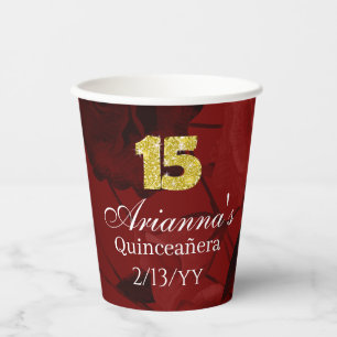 Red Roses, Gold 15, Tiara Quinceanera Paper Cups