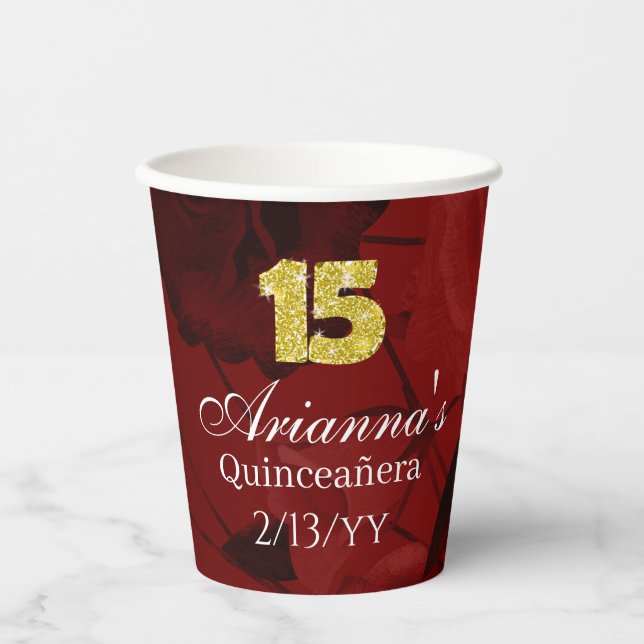 Red Roses, Gold 15, Tiara Quinceanera Paper Cups (Front)