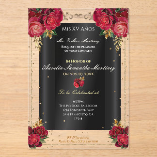 Red Roses, Gold, & Black Quinceañera Acrylic Invitations