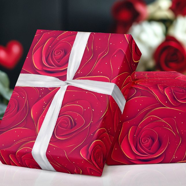 Red Roses Gold Border Romantic Valentine Wrapping Paper (Red Roses Gold Border Romantic Valentine Wrapping Paper)