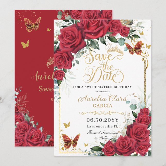 Red Roses Gold Butterflies Quinceanera Sweet 16  Save The Date (Front/Back)