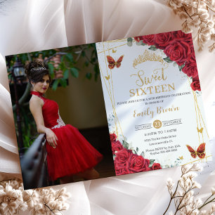 Red Roses Gold Butterflies Sweet Sixteen Photo Invitation