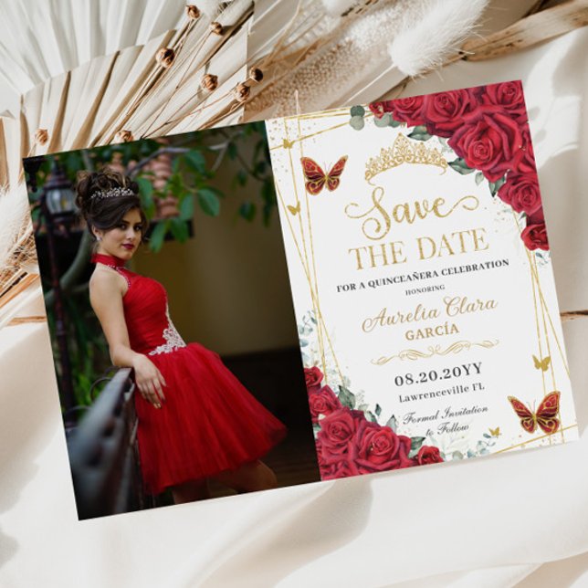 Red Roses Gold Butterflies Sweet Sixteen Photo Save The Date (Creator Uploaded)