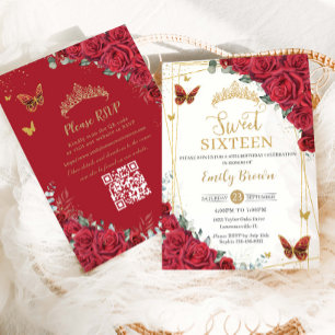 Red Roses Gold Butterflies Sweet Sixteen QR RSVP Invitation