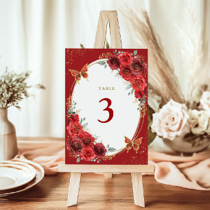 Red Roses Gold Butterfly Quinceanera 15th Birthday Table Number