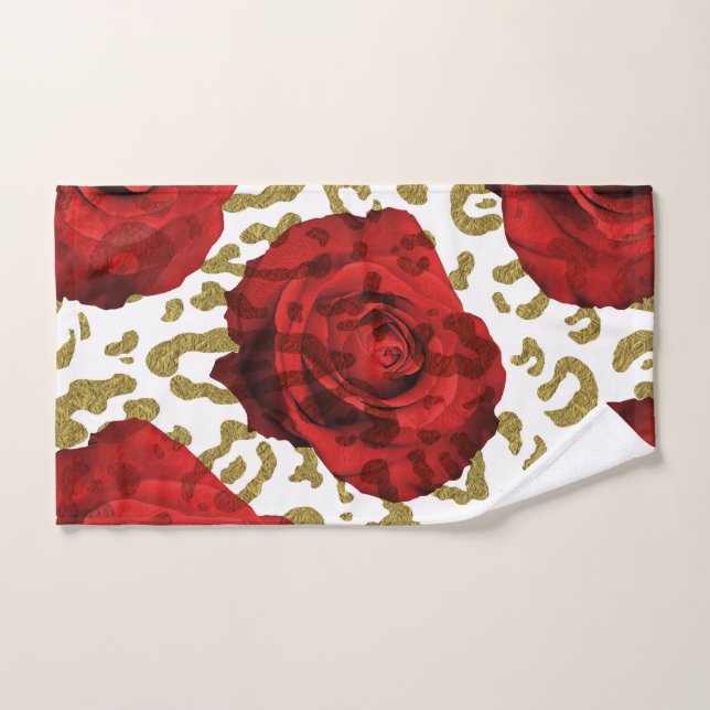 Red Roses Gold Cheetah Leopard Animal Print Bath Towel Set (Hand Towel)