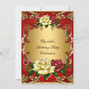 Red Roses Gold Elegant Birthday Party 3 Invitation