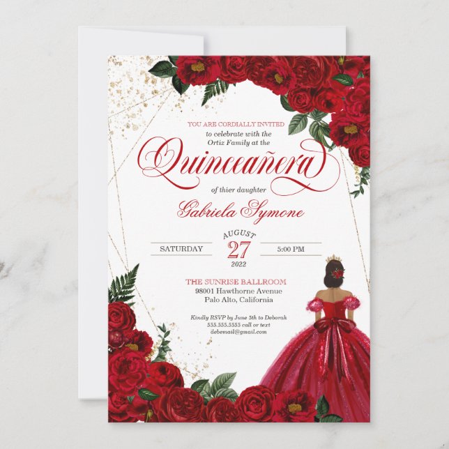 Red Roses & Gold Elegant Gown Quinceañera Invitation (Front)